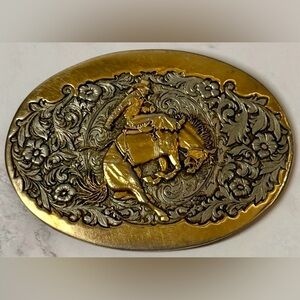 Vintage ADM Western Cowboy Horse Belt Buckle 24KP Gold Plated Award Design